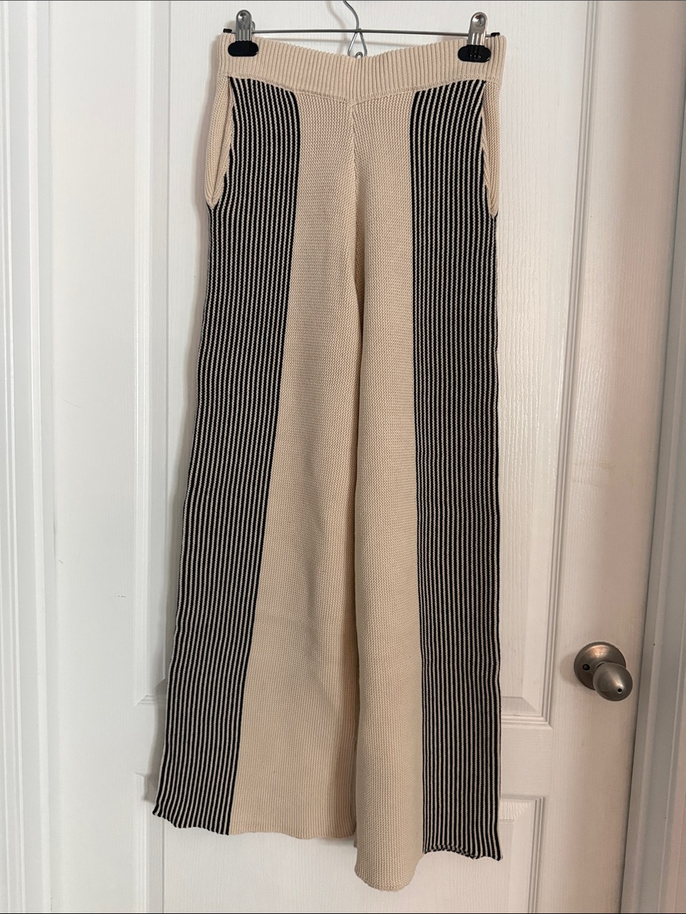HEYSON Knit Wide-Leg Pants with Black Side Stripe in Oatmeal